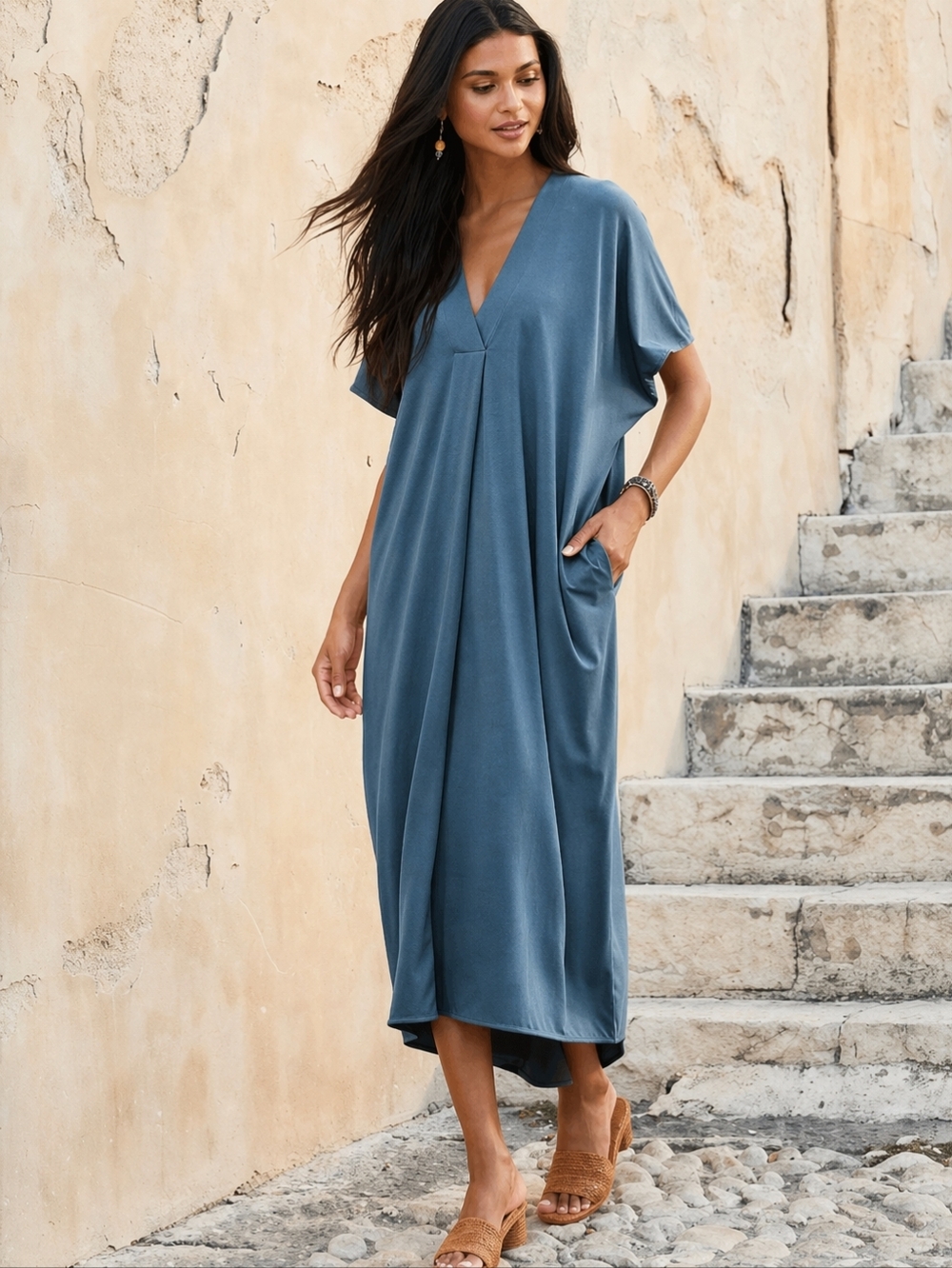 Peruvian Connection Thebes Caftan Dress M/L Blue Viscose Jersey OversizedPockets